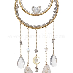 Nuggets Natural Quartz Crystal & Labradorite Chip & Brass Moon Hanging Ornaments&nbsp;HJEW-JM02566