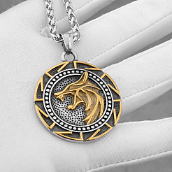 304 Stainless Steel Viking Wolf Round Medal Pendant Necklaces for Men&nbsp;WG44E1C-01