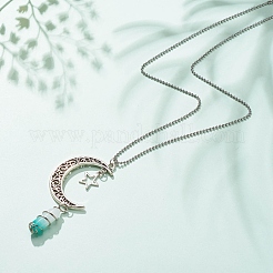 Natural Green White Jade Bullet with Alloy Moon and Star Pendant Necklace&nbsp;NJEW-JN03912-05
