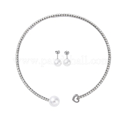 Round Plastic Imitation Pearl Stud Earrings & Rhinestone Cuff Choker Necklaces Sets&nbsp;SJEW-U003-11P