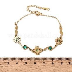 304 Stainless Steel Rhinestone Flower with Heart Link Chain Bracelets&nbsp;SA-CBAF6AD-16G