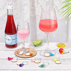 24Pcs 8 Colors Flat Round Wood & Tassel Dangle Wine Glass Charms&nbsp;AJEW-BC0003-13
