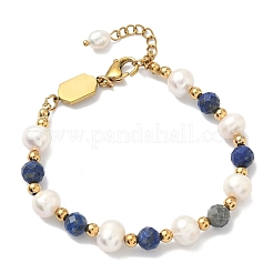 304 Stainless Steel & Natural Freshwater Pearl & Lapis Lazuli Beaded Bracelets for Women&nbsp;BJEW-B162-03G