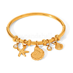 Ocean 304 Stainless Steel Pave Clear Cubic Zirconia Starfish Shell Shape Charm Hinged Cuff Bangles for Women&nbsp;WGCC196-01