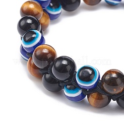Natural Tiger Eye & Eyeless Obsidian & Resin Evil Eye Braided Bead Bracelet&nbsp;BJEW-JB08840-02