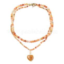 Natural Golden Silk Jade Heart and Flower Pendant Round Beaded Double Layer Necklaces with Brass OT Clasps&nbsp;NJEW-G202-01G