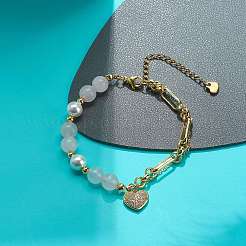 Cubic Zirconia Heart Charm Bracelet Brass Chains&nbsp;BJEW-JB08790