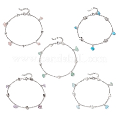 5Pcs 5 Styles Natural & Synthetic Gemstone Chip Tassel Alloy Link Anklets&nbsp;AJEW-AN00696