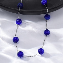 304 Stainless Steel Cat Eye Round Beads Handmade Chain Necklaces for Women&nbsp;NJEW-C073-01P-02