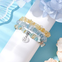 3Pcs 3 Styles Natural Citrine & Flower Amazonite & Aquamarine Aventurine Chips Stretch Bracelets Sets&nbsp;BJEW-JB11076-05