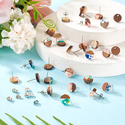 5 Styles Opaque Resin & Walnut Wood Flat Round Stud Earrings&nbsp;FIND-TA0006-25