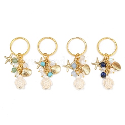4Pcs 4 Colors Ocean Series Natural White Jade & Lapis Lazuli & Green Aventurine & Synthetic Turquoise & 304 Stainless Steel Starfish Shell Shape Turtle Keychain&nbsp;KEYC-JKC01388
