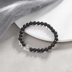 Natural Lava Rock & Alloy Saint Benedict Medal Beaded Strech Bracelet for Women&nbsp;BJEW-JB09345-01