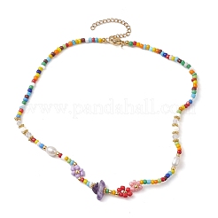 Flower Glass Seed & Pearl Beaded Necklaces&nbsp;NJEW-JN04677-02