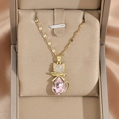 Cat Shape Brass Micro Pave Cubic Zirconia Pendant Necklaces&nbsp;FS-WG950BC-01