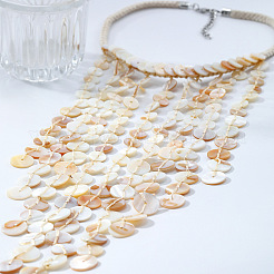 Resin Disc Long Tassel Cotton Rope Bib Necklaces with Alloy End Chains for Women&nbsp;FS-WG31146-01