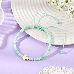 Adjustable Dyed Synthetic Turquoise Religion Cross & Ombre Effect Dyed Glass Rondelle Braided Bead Bracelets&nbsp;BJEW-JB14309