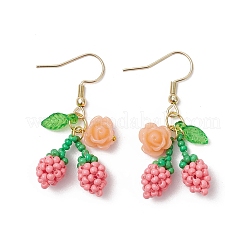Flower with Cherry 304 Stainless Steel Glass Seed Beads Dangle Earrings&nbsp;EJEW-MZ00419-02