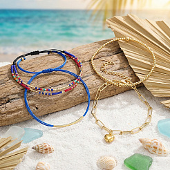 4Pcs 4 Styles Glass Seed Beads Multi-strand Braided Bead Bracelets & Brass Round Beads Stretch Bracelets & Heart 304 Stainless Steel Charm Bracelets & Brass Tube Braided Bracelets Set for Women&nbsp;VV5058-1