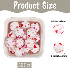 30Pcs Printed Round with Heart Pattern Silicone Focal Beads&nbsp;SIL-SC0002-84F