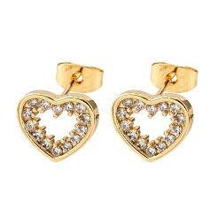 Brass Micro Pave Clear Cubic Zirconia Heart Stud Earrings&nbsp;EJEW-K267-29G