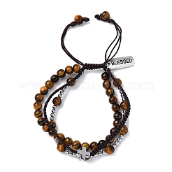 Adjustable Natural Tiger Eye & Hematite Braided Bead Bracelets&nbsp;BJEW-U035-01B