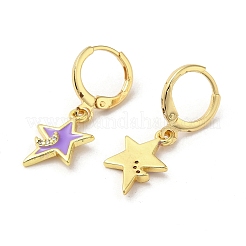 Star & Moon Real 18K Gold Plated Brass Dangle Leverback Earrings&nbsp;EJEW-L268-032G-01