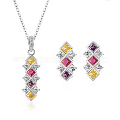 Rhombus Rhodium Plated 925 Sterling Silver Pave Colorful Cubic Zirconia Pendant Necklaces & Stud Earrings Sets for Women&nbsp;WGF0FD8-05