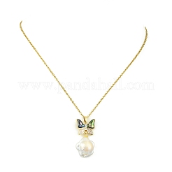 Brass Pave Clear Cubic Zirconia and Natural Abalone Shell Butterfly and Natural Baroque Keshi Pearl Flower Pendant 304 Stainless Steel Cable Chain Necklaces for Women&nbsp;NJEW-JN06116
