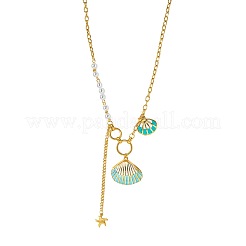 Summer Beach 304 Stainless Steel Enamel Shell Shape Pendant Necklaces with White Plastic Pearl for Women&nbsp;WGC94A0-01