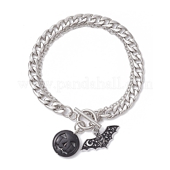 Halloween Alloy Enamel Bat and Dyed Synthetic Turquoise Pumpkin Charm 304 Stainless Steel Bracelet Sets&nbsp;BJEW-JB12446-03