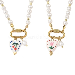2Pcs 2 Colors Handmade Printed Floral Porcelain Heart & 304 Stainless Steel Pendant Round White Shell Pearl Beaded Necklaces for Women&nbsp;NJEW-JN06391