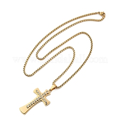 201 Stainless Steel Clear Cubic Zirconia Religion Cross Pendant Box Chain Necklaces for Men&nbsp;NJEW-S387-06G