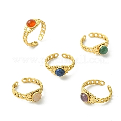 Natural Gemstone Horse Eye 304 Stainless Steel Cuff Open Rings for Women&nbsp;RJEW-JR01066