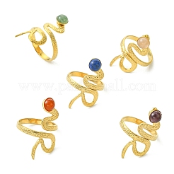 Natural Gemstone Snake 304 Stainless Steel Cuff Open Rings for Women&nbsp;RJEW-JR01068
