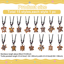 15Pcs 15 Styles Tortoise Resin Pendant Necklaces Set with Adjustable Cotton Cords&nbsp;NJEW-AN0001-51B