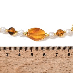 Gradient Color Natural Amber Rhombus & Round Glass & Natural Pearl Beaded Necklaces with 304 Stainless Steel End Chains&nbsp;NJEW-JN06047