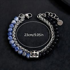 Natural Blue Spot Jasper and Frosted Obsidian Round Beaded 2-Strand Bracelets with 201 Stainless Steel Wheat Chains for Men Women&nbsp;NT5911-2