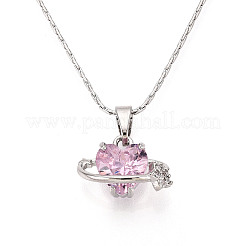 304 Brass Cubic Zirconia Heart Pendant 304 Stainless Steel Chain Necklaces&nbsp;NJEW-T018-01P