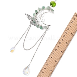 Natural Green Aventurine Chips & Brass Moon & 304 Stainless Steel Butterfly Suncatcher&nbsp;HJEW-TA00449-01