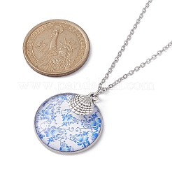 Steel Blue Glass Flat Round & Alloy Pendant Necklace&nbsp;NJEW-JN04453-01