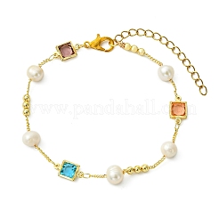 Brass & Glass & Natural Cultured Freshwater Pearl Link Bracelets for Women&nbsp;BJEW-JB14104
