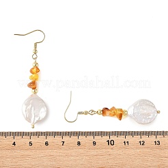 Natural Amber Chip & Natural Keshi Pearl Dangle Earrings&nbsp;EJEW-JE07445-01