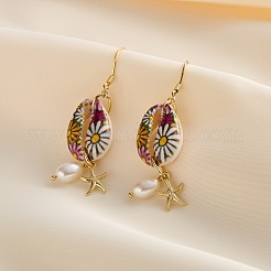 925 Sterling Silver Shell Shape with Starfish Dangle Earrings&nbsp;EJEW-M096-02G