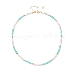 Faceted Round Natural Amazonite and Rice Natural Pearl Beaded Necklaces for Women&nbsp;NJEW-JN05816-04