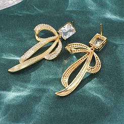 Brass Micro Pave Clear Cubic Zirconia Dangle Stud Earrings for Women&nbsp;EJEW-F418-25G