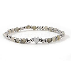 Natural Gemstone Round Beaded Stretch Bracelets, Synthetic Non-magnetic Hematite Beads Jewlery for Women, Heart, 6.89 inch(17.5cm)