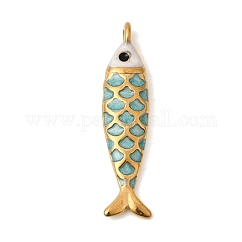 304 Stainless Steel Enamel Pendants, Fish Charms, Ion Plating(IP), Golden, Dark Turquoise, 25.5x6x3.5mm, Hole: 1.4mm