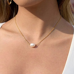 Natural Freshwater Pearl Rice Pendant 304 Stainless Steel Chain Necklaces for Women, Floral White, Real 18K Gold Plated, 15.94 inch(40.5cm)