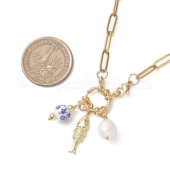 White and Blue Porcelain Round & 304 Stainless Steel Fish & Imitation Pearl Pendant Necklaces for Women&nbsp;NJEW-JN05650